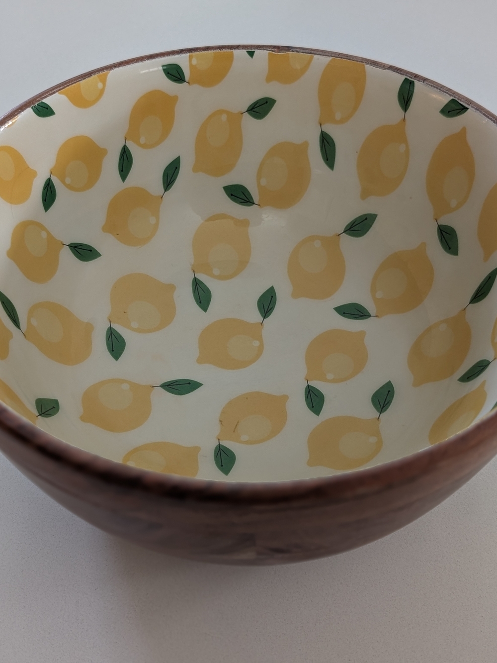 Godinger Acacia Wood Lemon Salad Bowl Enamel Interior 10" Serving Fruit Bowl